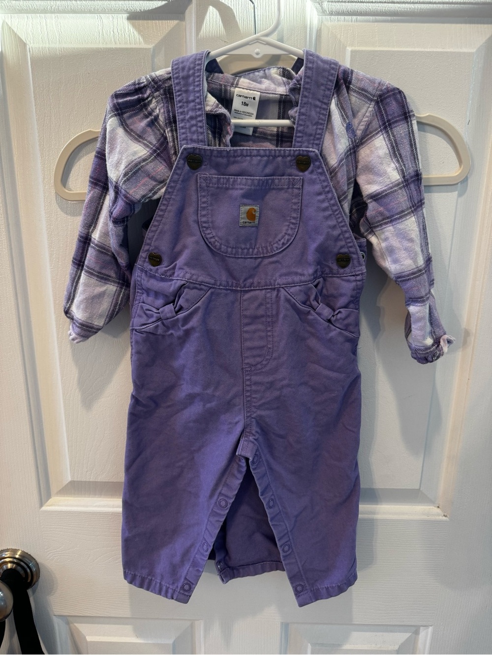 Carhartt Purple Kids Overalls with Plaid Shirt Layer